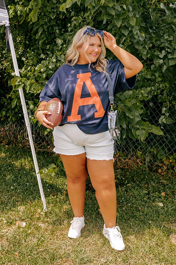 School Pride A Embroidered Short Sleeve Sweatshirt in Navy Curves - Image 2