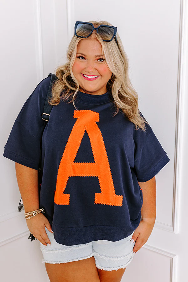 School Pride A Embroidered Short Sleeve Sweatshirt in Navy Curves - Image 3