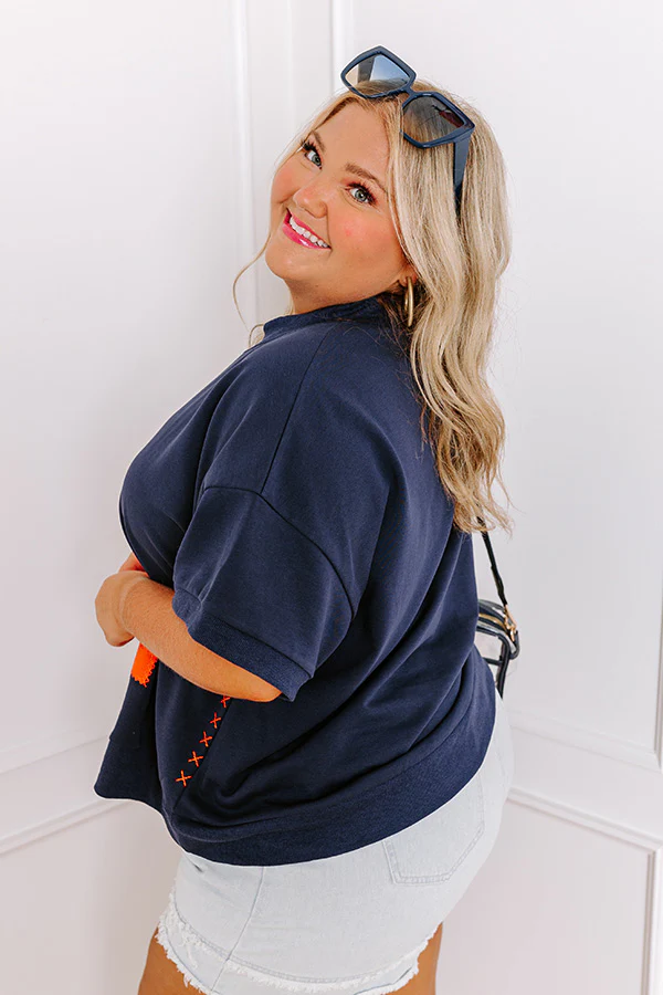 School Pride A Embroidered Short Sleeve Sweatshirt in Navy Curves - Image 4