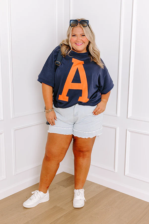 School Pride A Embroidered Short Sleeve Sweatshirt in Navy Curves - Image 5