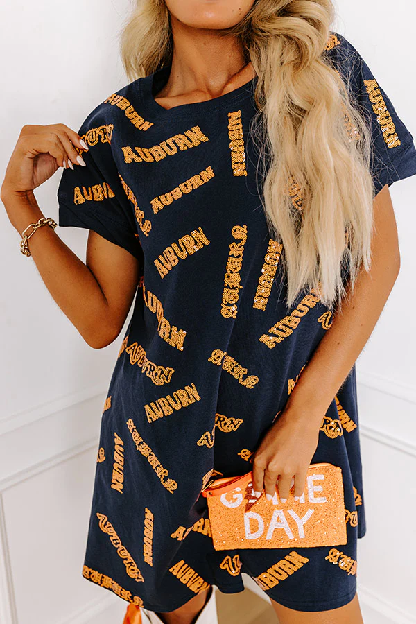 School Spirit Sequin Embroidered Mini Dress in Auburn - Image 5