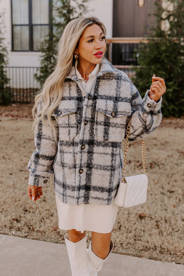 Seasonal Snuggles Plaid Sherpa Jacket in Grey - Image 2