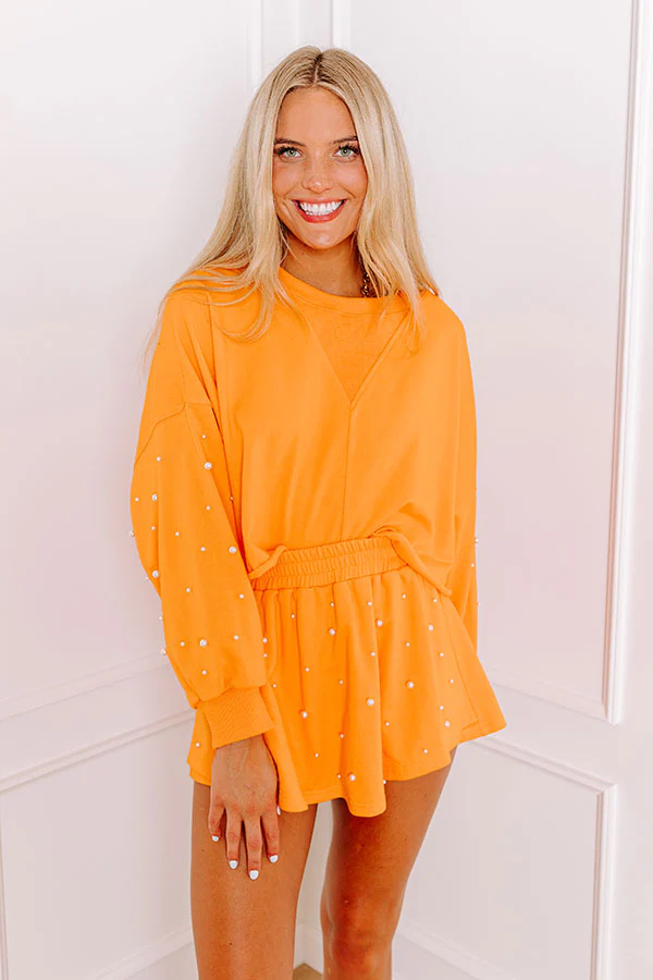 Sideline Chic Pearl Embellished Crop Sweatshirt in Orange - Image 3
