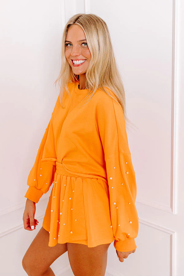 Sideline Chic Pearl Embellished Crop Sweatshirt in Orange - Image 4