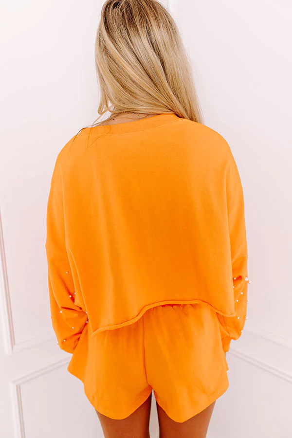 Sideline Chic Pearl Embellished Crop Sweatshirt in Orange - Image 5