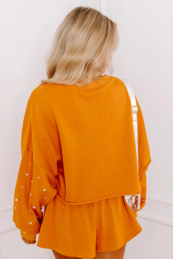 Sideline Chic Pearl Embellished Crop Sweatshirt in Rust - Image 5