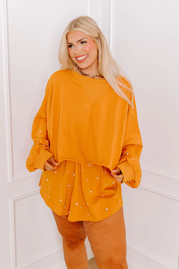Sideline Chic Pearl Embellished Crop Sweatshirt in Rust Curves - Image 3