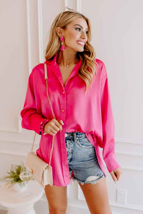 Simply Charmed Button Up Top In Hot Pink - Image 3