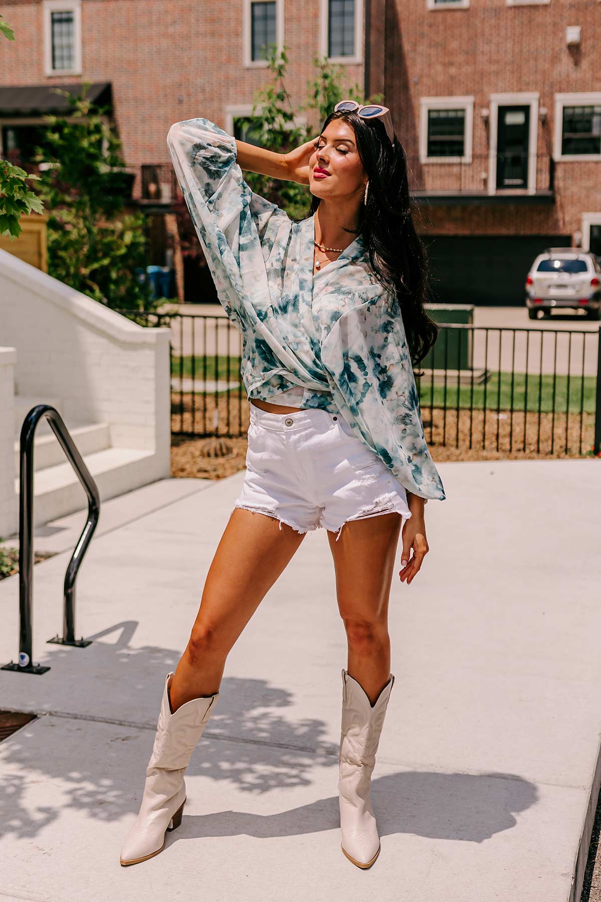 Somewhere Tropical Watercolor Tie Top In Dark Teal - Image 2