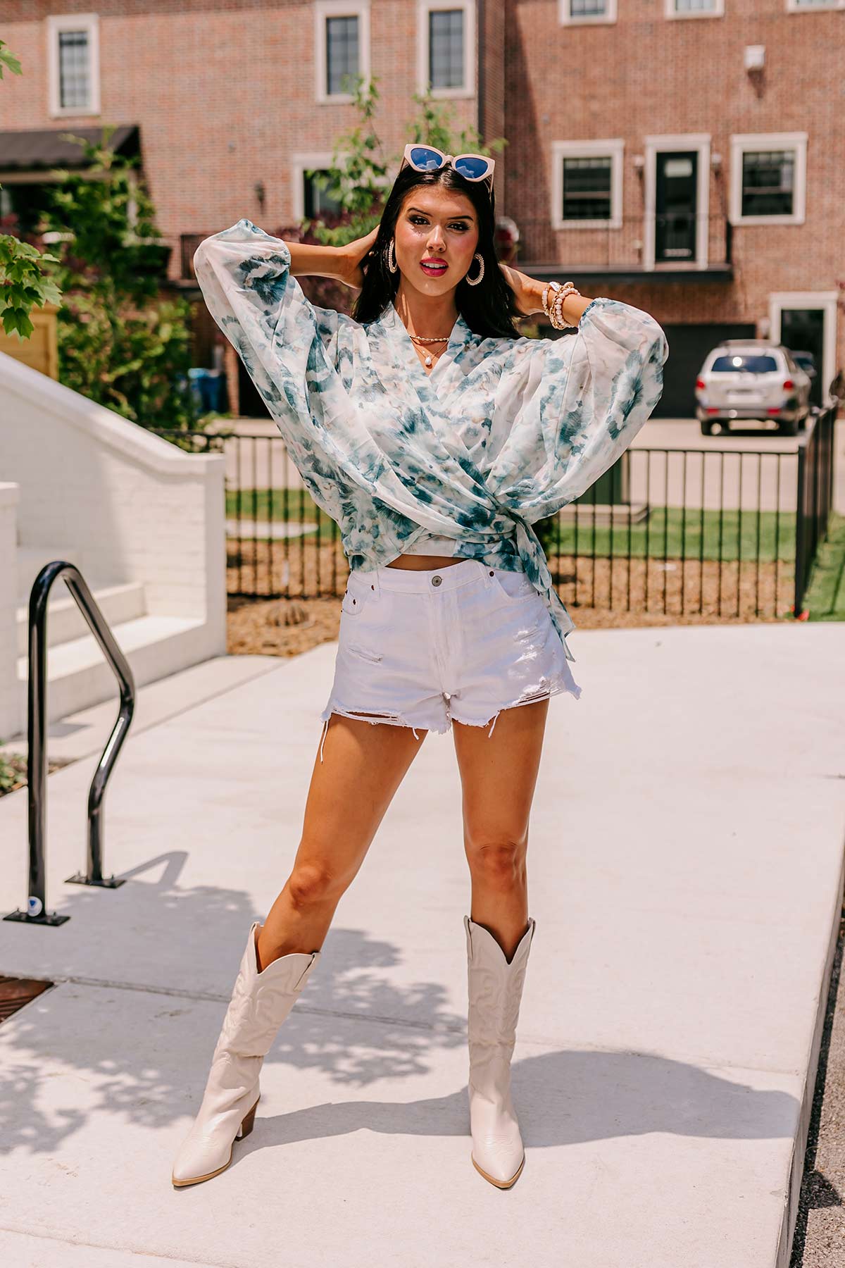 Somewhere Tropical Watercolor Tie Top In Dark Teal - Image 5