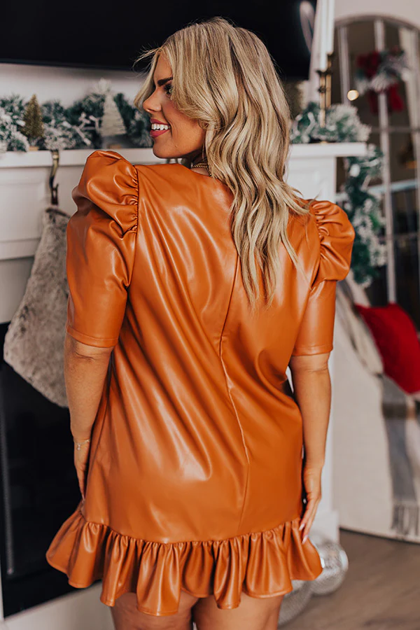 Stylish Setting Faux Leather Mini Dress in Camel Curves - Image 4
