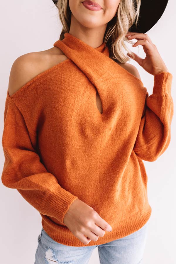 Sweet Embrace Cold Shoulder Sweater In Rust - Image 5
