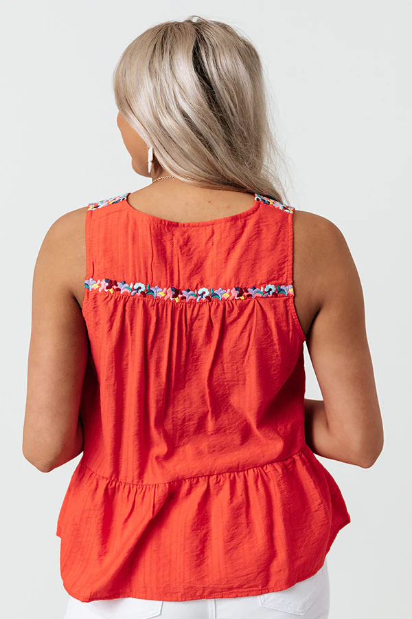 Tahitian Gardens Embroidered Top In Scarlet - Image 4
