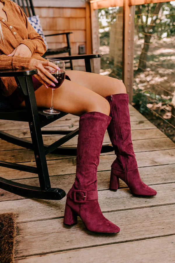 The Adeline Faux Suede Knee High Boot In Maroon - Image 3