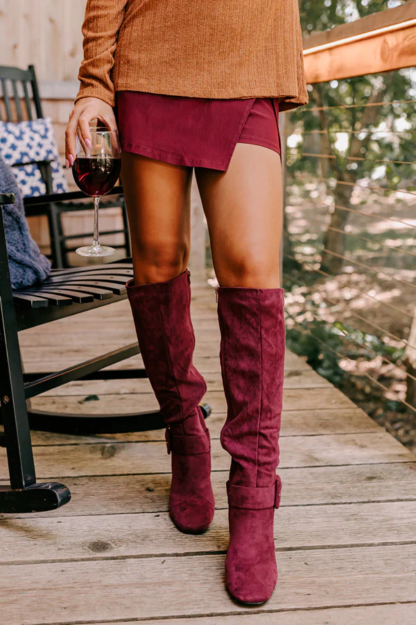 The Adeline Faux Suede Knee High Boot In Maroon - Image 4