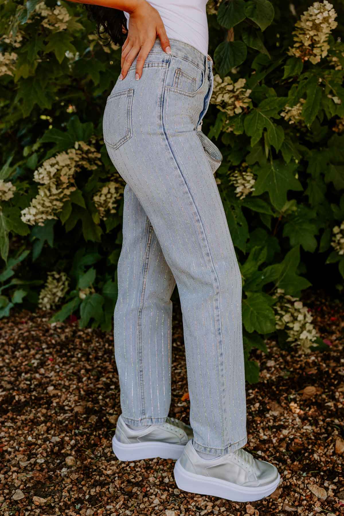 The Allegra High Waist Embellished Straight Leg Jean in Light Wash - Image 7