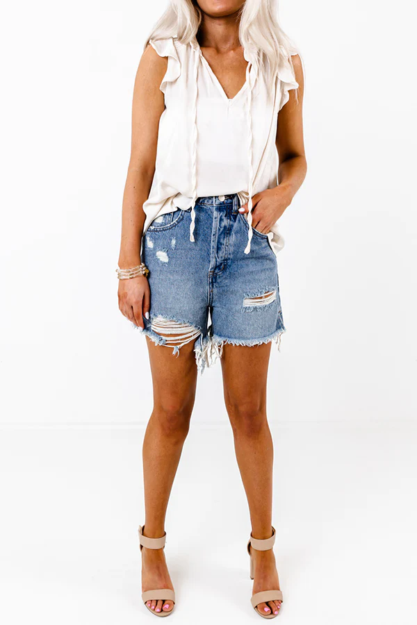 The Bobbi High Waist Distressed Shorts in Medium Wash - Image 6
