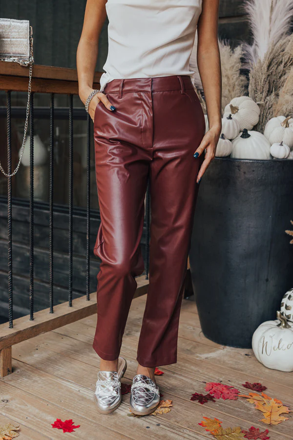 The Catalina High Waist Faux Leather Pants in Dark Rustic Rose - Image 3