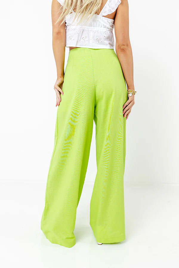 The Evelyn High Waist Linen-Blend Pants In Lime Punch - Image 4