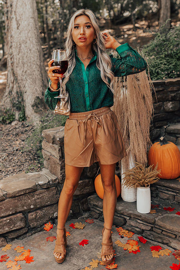 The Gibby High Waist Faux Leather Shorts In Brown - Image 2