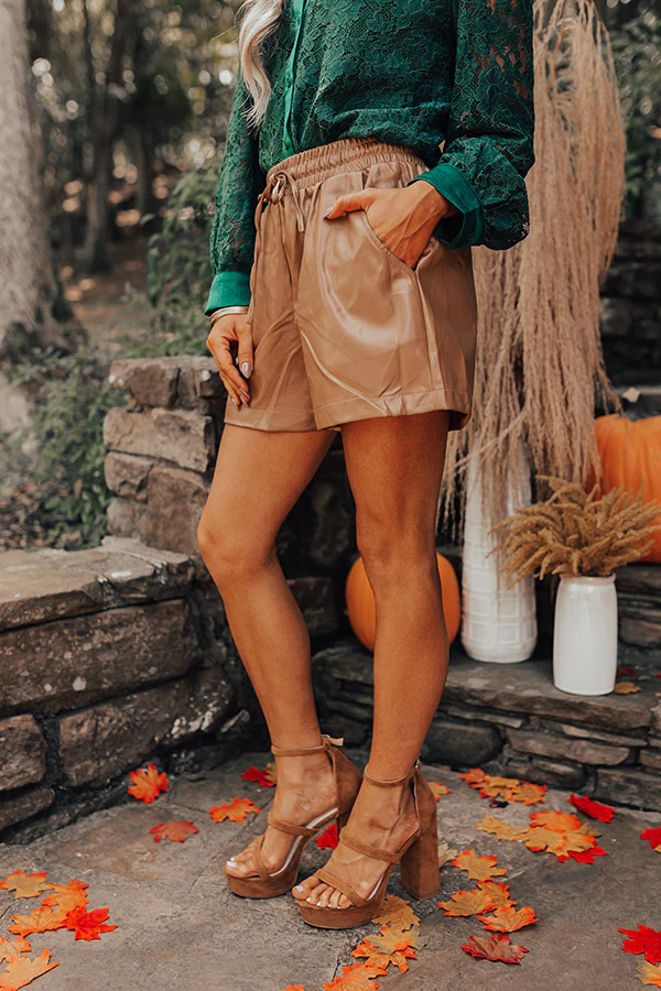 The Gibby High Waist Faux Leather Shorts In Brown - Image 4
