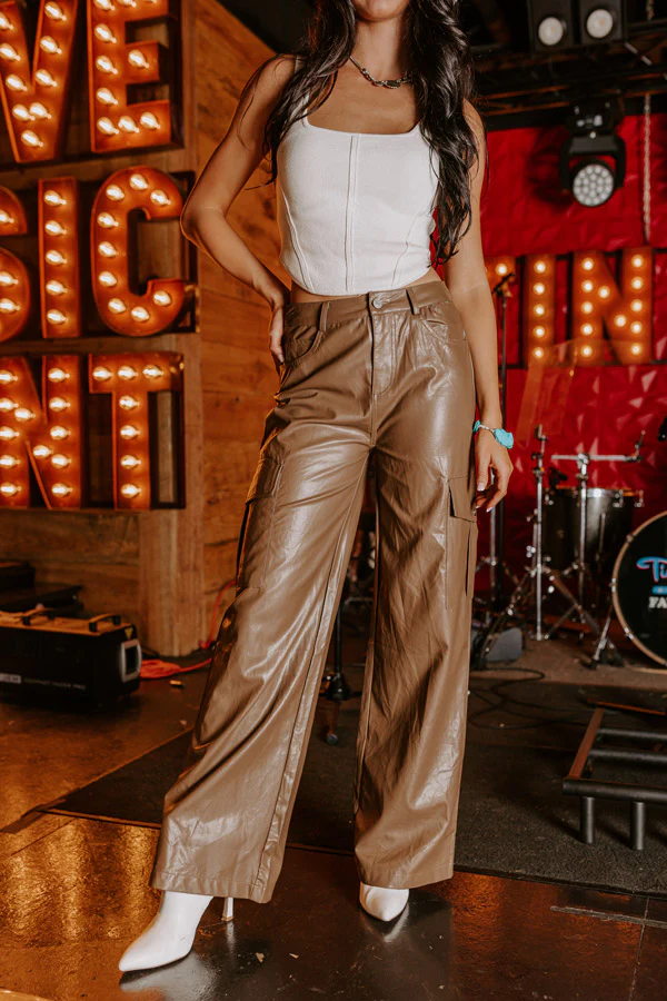 The Jamilet Faux Leather Cargo Pants In Brown - Image 6