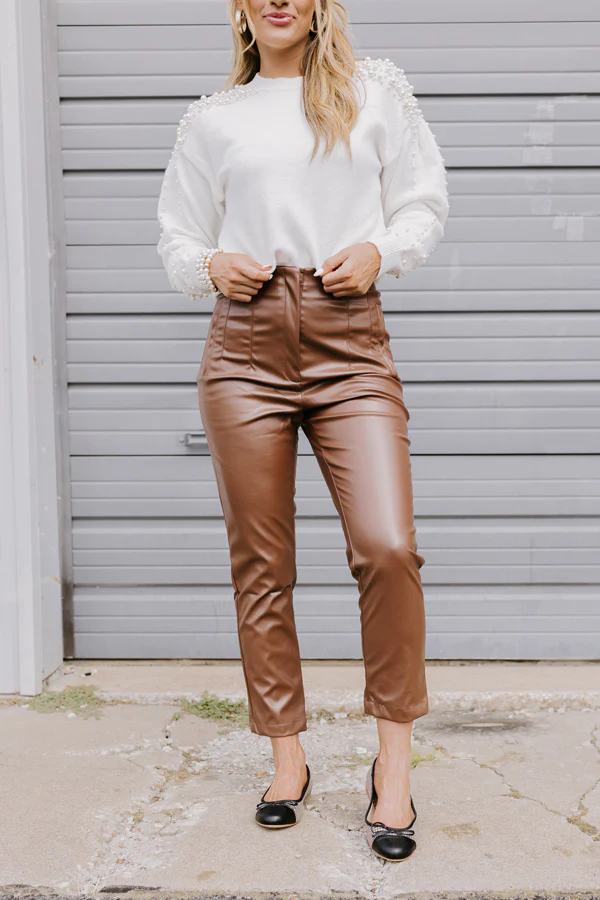 The Luna High Waist Faux Leather Trousers In Chocolate - Image 2