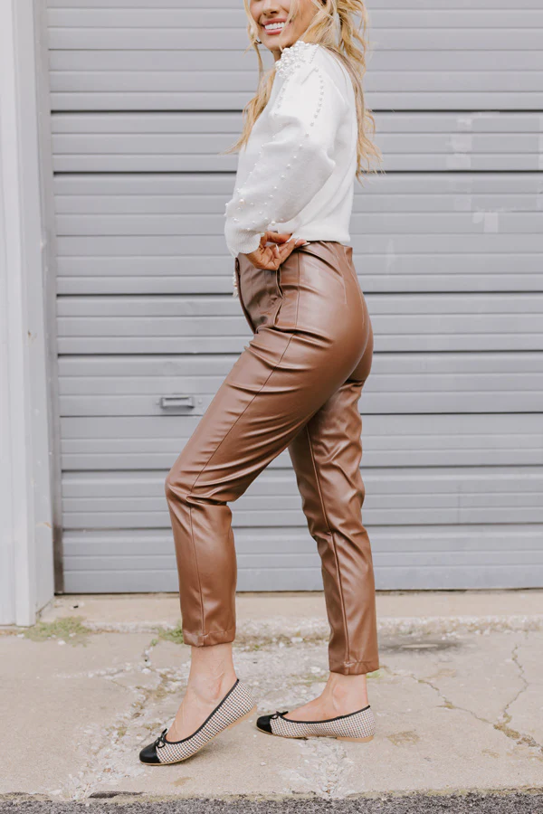 The Luna High Waist Faux Leather Trousers In Chocolate - Image 4