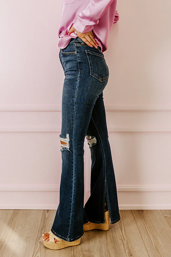 The Margot High Waist Distressed Flare in Dark Wash - Image 3