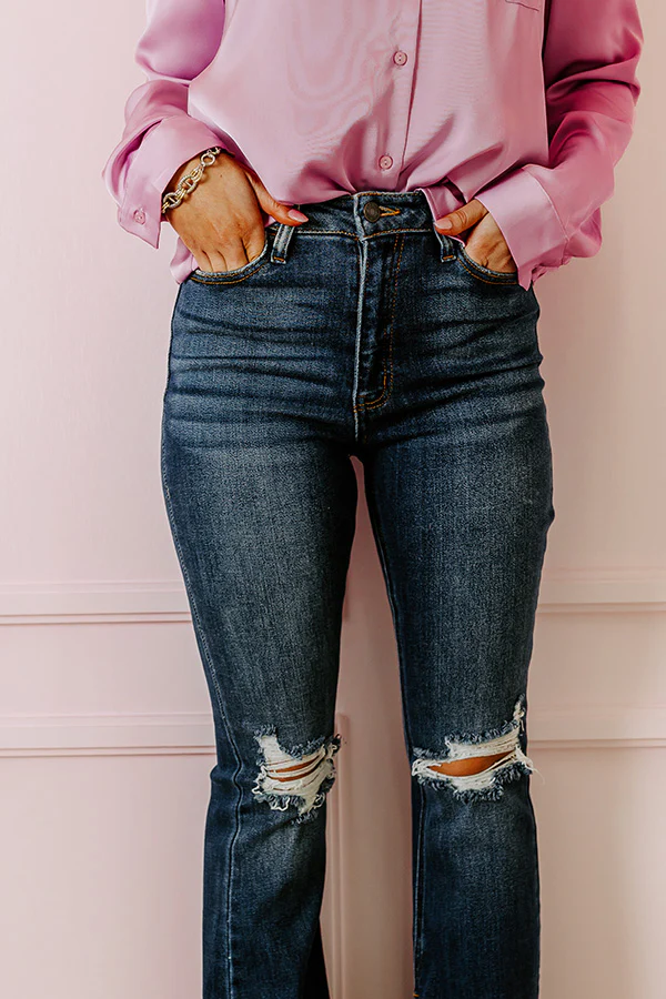 The Margot High Waist Distressed Flare in Dark Wash - Image 4