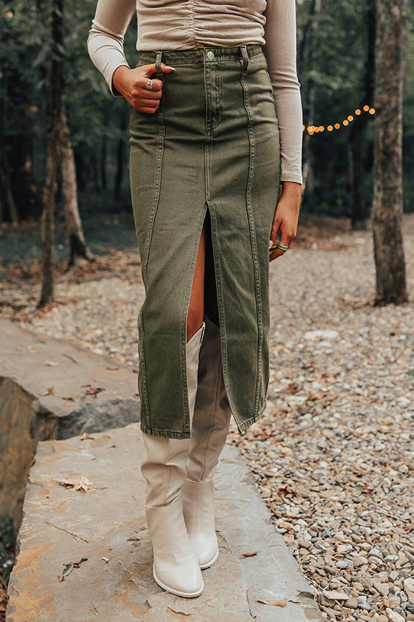 The Maris High Waist Denim Skirt in Olive - Image 2