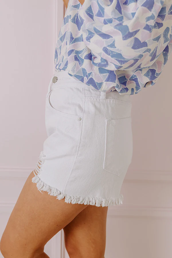 The Raella High Waist Distressed Shorts In White - Image 3