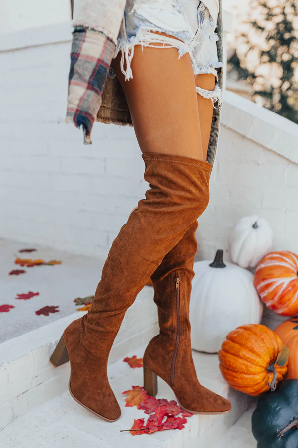 The Scarlett Faux Suede Thigh High Boot In Brown - Image 3