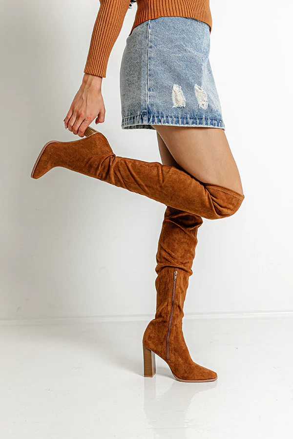 The Scarlett Faux Suede Thigh High Boot In Brown - Image 4