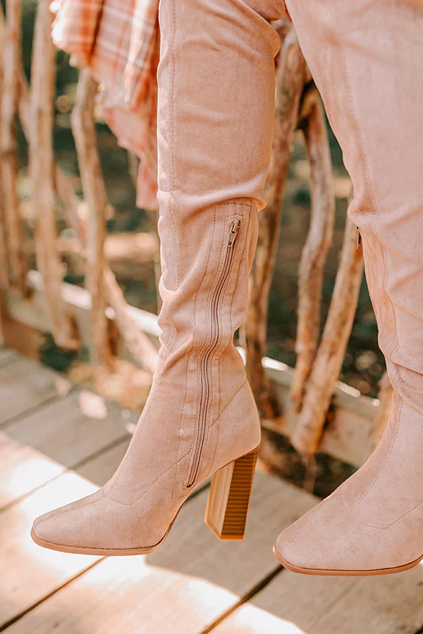 The Scarlett Faux Suede Thigh High Boot In Warm Taupe - Image 4