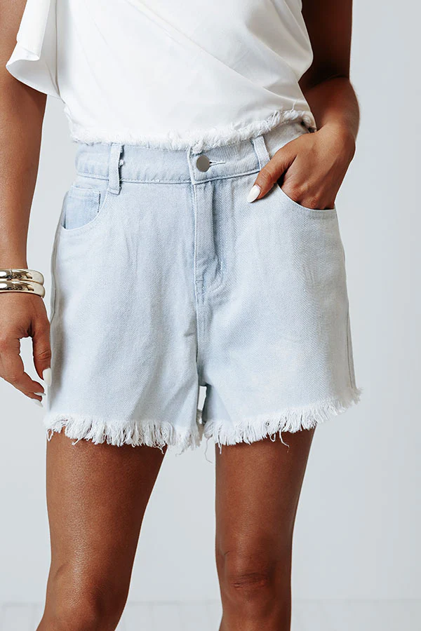 The Toori High Waist Frayed Shorts In Light Wash - Image 3