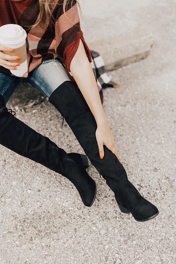 The Victoria Faux Suede Thigh High Boot In Black - Image 6