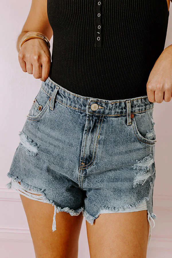 The Winnow High Waist Distressed Shorts In Medium Wash - Image 4