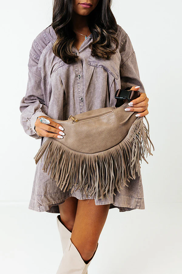 Trip Of My Life Fringe Fanny Pack In Taupe - Image 6