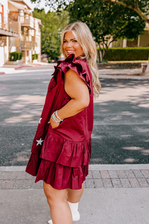 Under The Stadium Lights Ruffle Mini Dress in Maroon Curves - Image 2