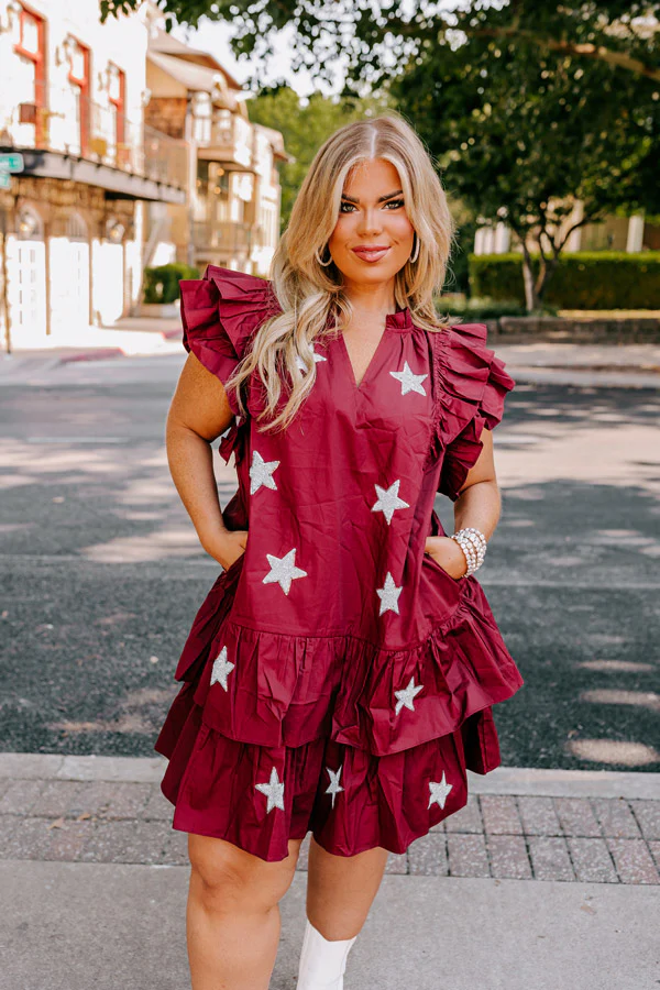 Under The Stadium Lights Ruffle Mini Dress in Maroon Curves - Image 5