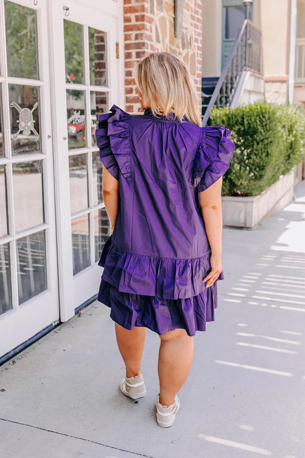 Under The Stadium Lights Ruffle Mini Dress in Purple Curves - Image 5