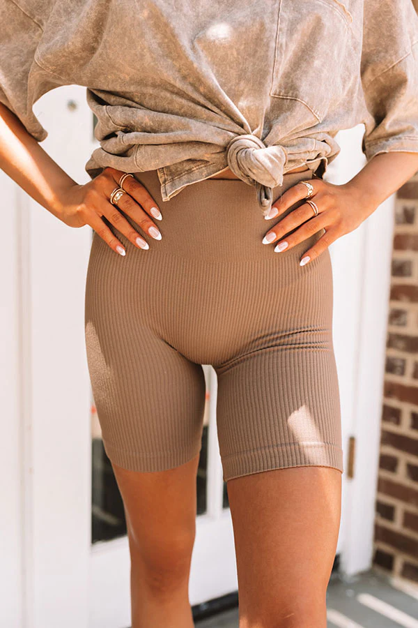 Up At Dawn High Waist Ribbed Biker Shorts In Mocha - Image 2
