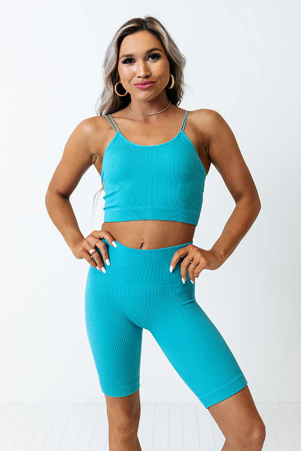Up At Dawn High Waist Ribbed Biker Shorts in Turquoise - Image 5