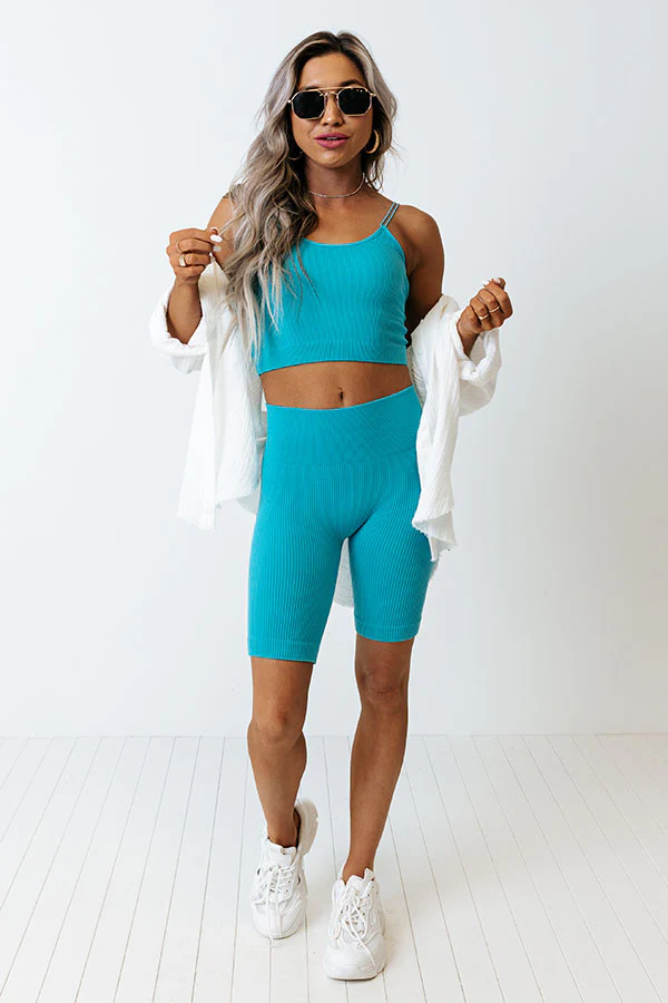 Up At Dawn High Waist Ribbed Biker Shorts in Turquoise - Image 8