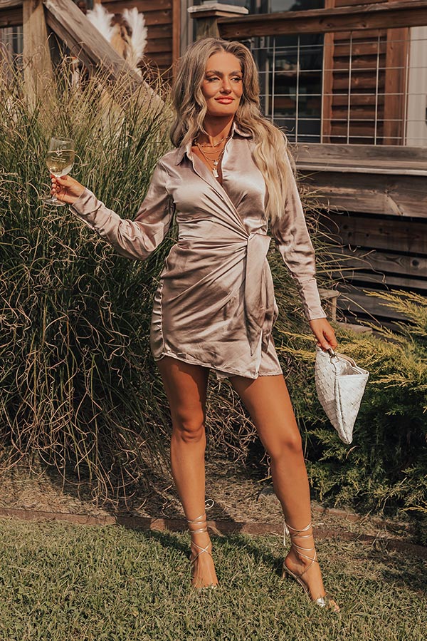 Whirl The Night Away Wrap Dress In Taupe - Image 2